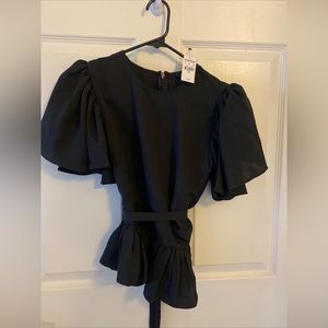 EXPRESS ~ Black Belted Peplum Short Flutter Sleeve Top NWT Sz XS
